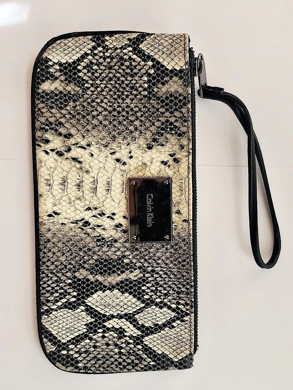Calvin Klein Snake Print Wristlet Clutch in Black & White